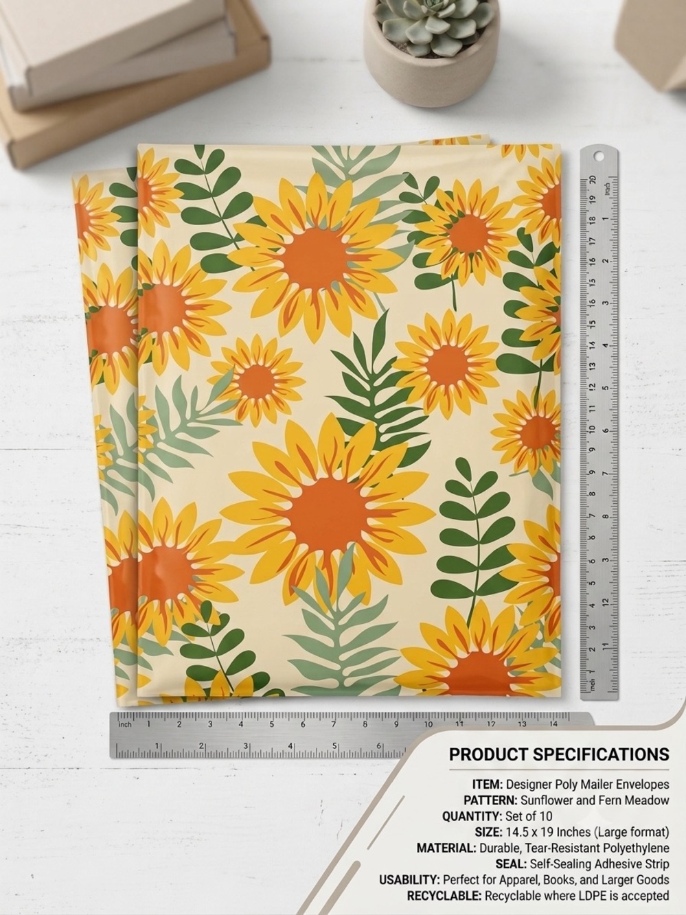 Sunflower Poly Mailers - 14.5 x19 inches - Count 15